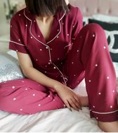 Katoen Dames PyjamaSet Korte Mouw Bordeaux met Sterretjes Maat L