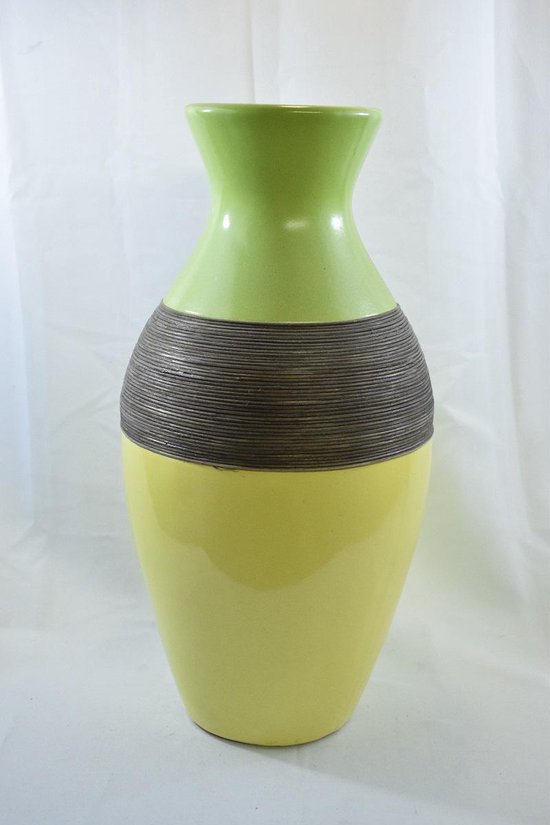 ZoeZo Design Vaas - XXL groen - geel - aardewerk - midden rand van hout -H 53 x Ø 25 cm