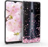 kwmobile telefoonhoesje voor Samsung Galaxy A20s - Hoesje voor smartphone in poederroze / donkerbruin / transparant - Kersenbloesembladeren design