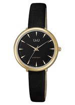 mooi sportief Q&Q dames horloge goudkleurig met zwart lederen band QC35J102Y