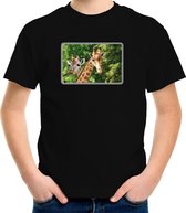 Dieren shirt met giraffen foto - zwart - voor kinderen - Afrikaanse dieren/ giraf cadeau t-shirt XS (110-116)