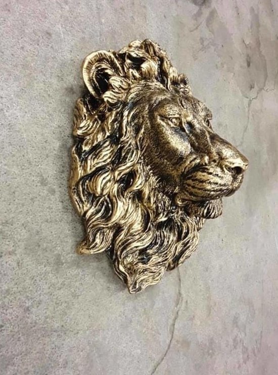 Bronzen leeuwenkop, zijaanzicht, met weelderige manen.
