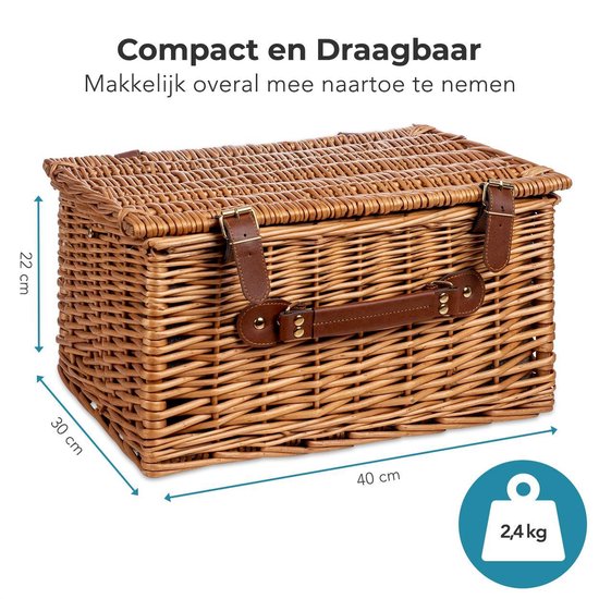 Panier de pique-nique LifeGoods 29 pièces - Set pour 4 personnes - Services de table complète - Incl. Couverture de pique-nique matelassée imperméable - Panier en osier / Cuir PU