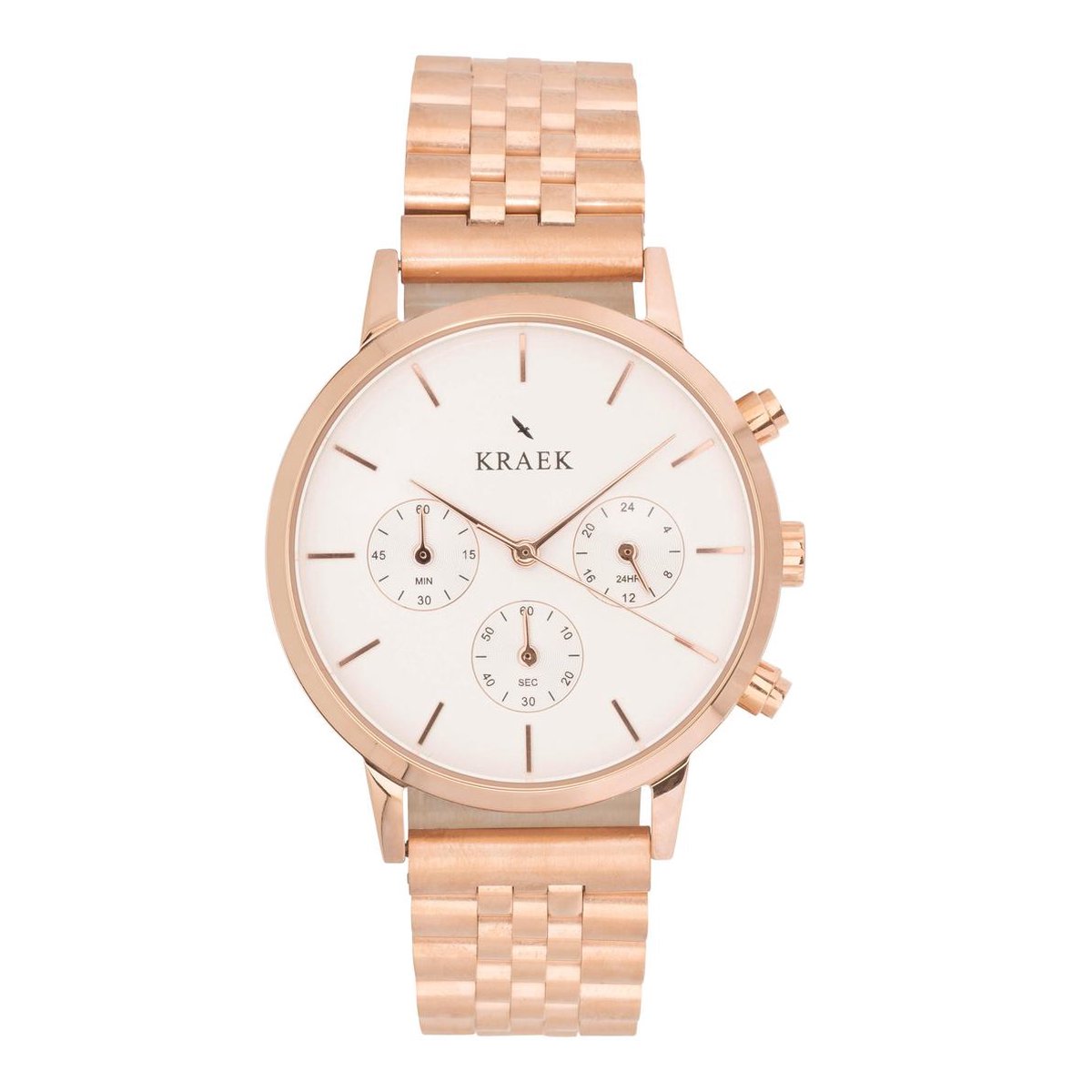 KRAEK Layla Rosé Goud Wit 32 mm | Dames Horloge | Stalen horlogebandje | Schakelbandje | Minimaal Design | Elvira collectie