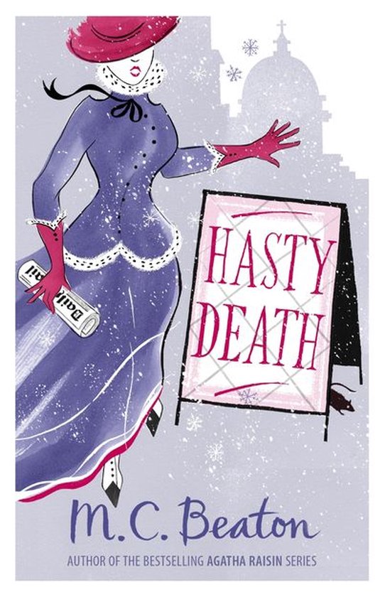Een vrouw in een paarse jurk en rode hoed, naast een bord met 'HASTY DEATH'. M.C. Beaton.