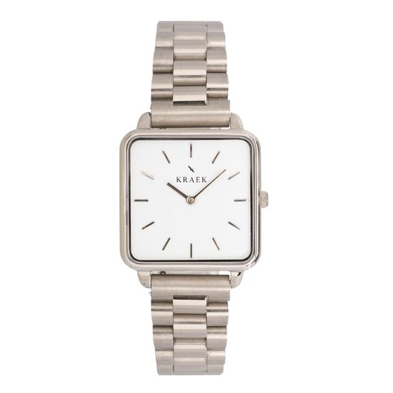 KRAEK Anita Zilver Met Witte Wijzerplaat 28 mm | Dames Horloge | Zilver stalen horlogebandje | Vierkant | Minimaal Design | Schakelband