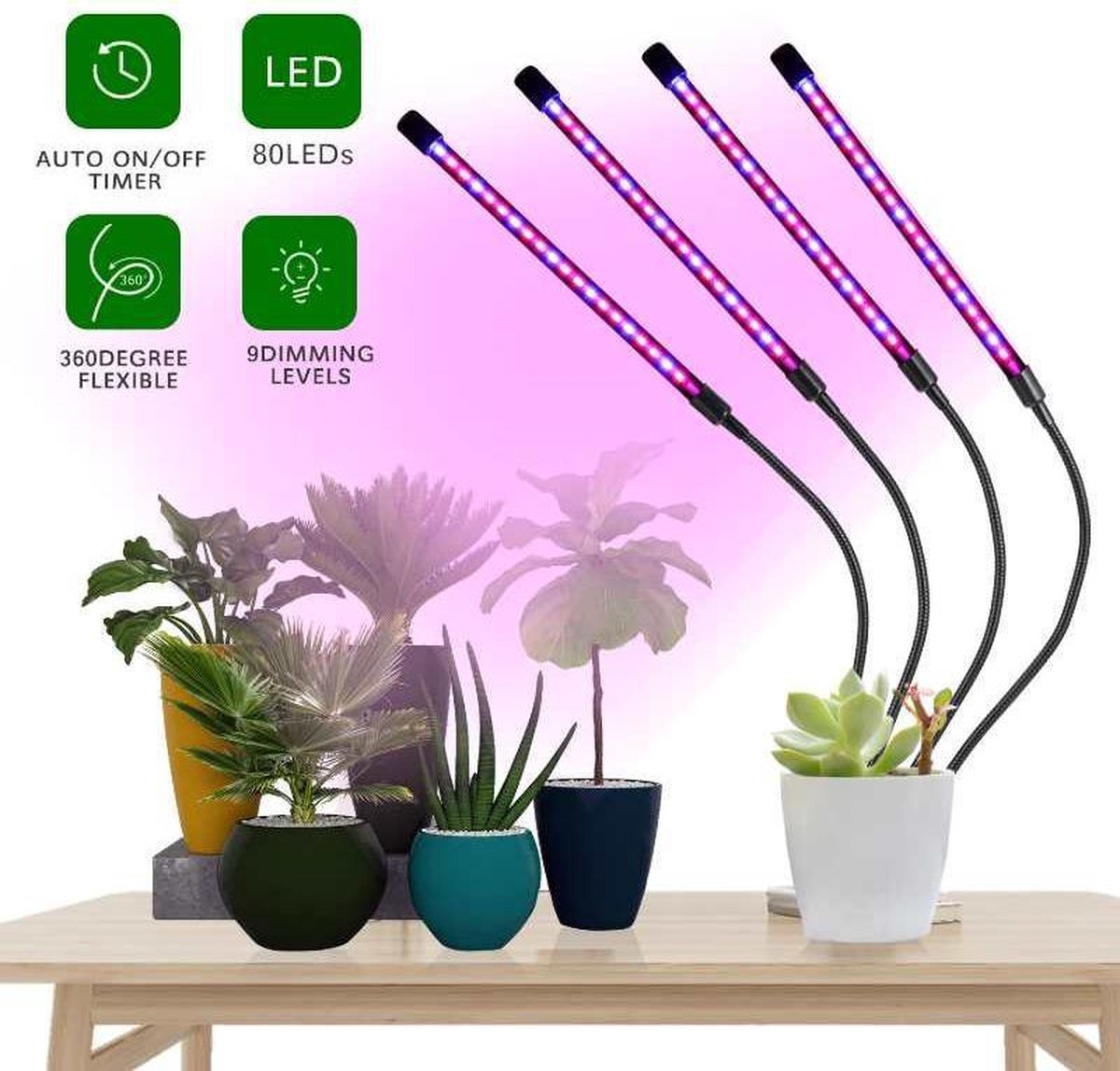 4 Armige LED groeilamp - Bloeilamp met Klemspot - Kweeklamp LED Strip Kweeklamp LED voor planten - Moestuin - Automatische Timer - Plantenverzorging - Full Spectrum Rood (620-630nm)/Blauw (460-470nm)