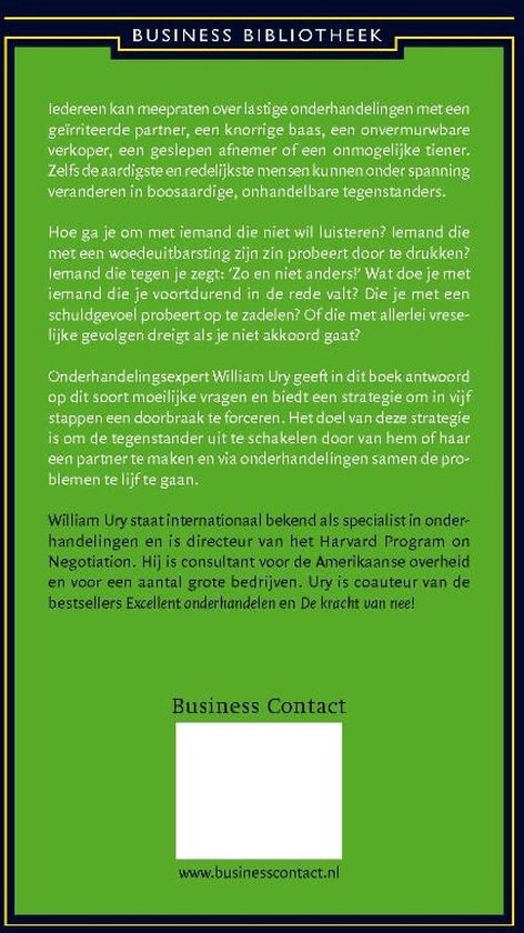 Achterkant van het boek 'Onderhandelen met lastige mensen', met tekst en een groene achtergrond.