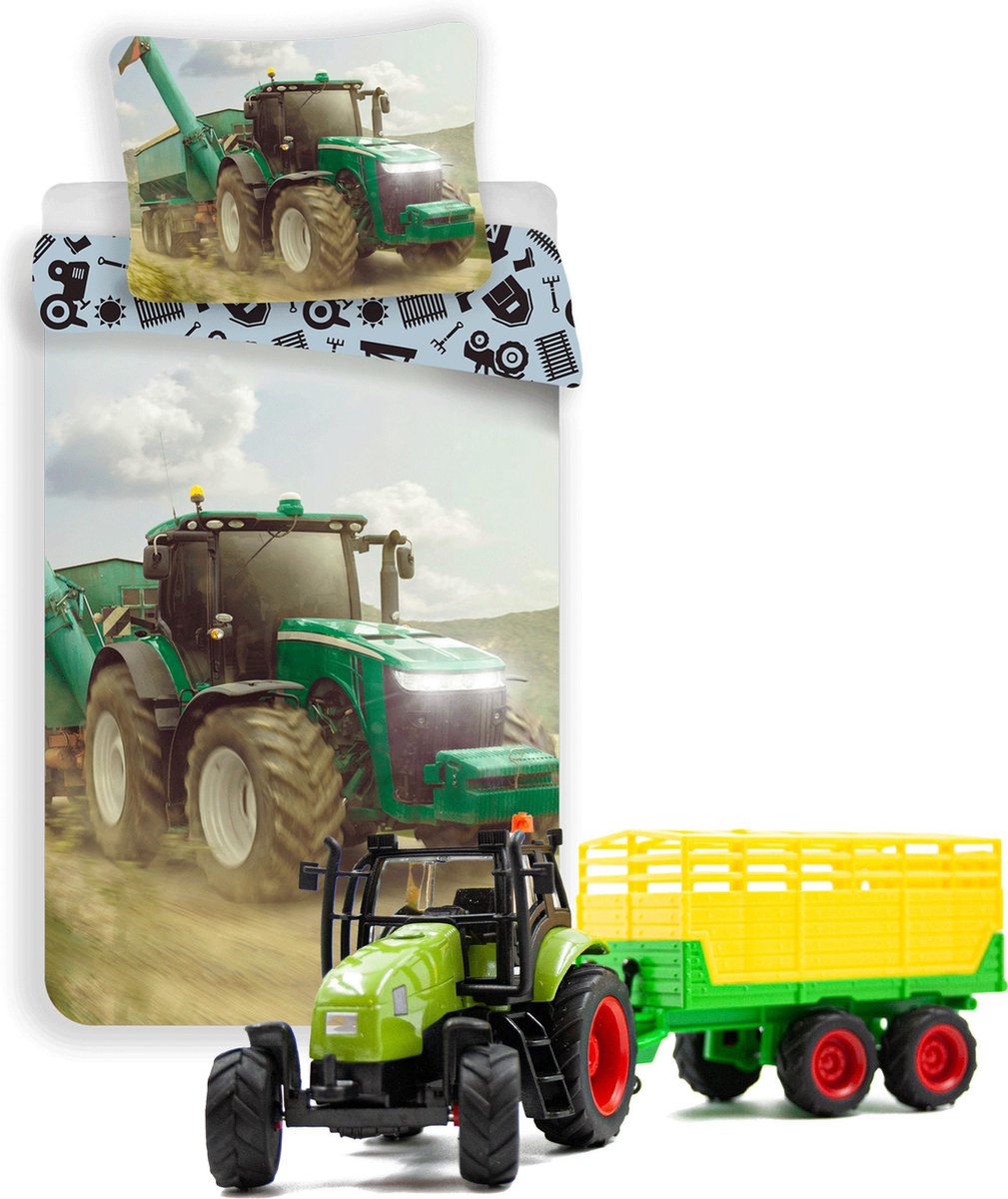 Dekbedovertrek groene Tractor - Eenpersoons - 140 x 200 cm - katoen- Boerderij dekbed- incl. Tractor speelset met Silagewagen.