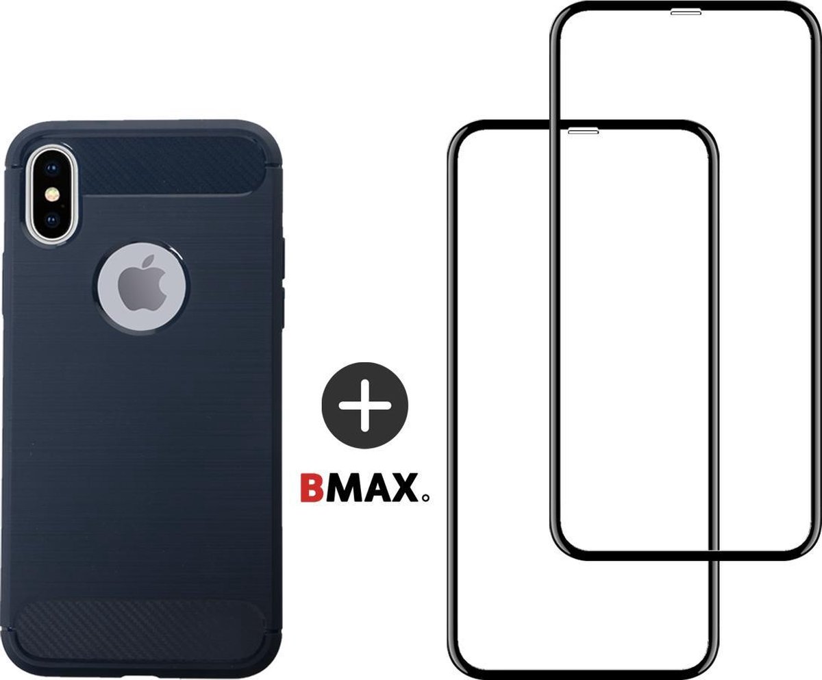 BMAX Telefoonhoesje voor iPhone XS - Carbon softcase hoesje blauw - Met 2 screenprotectors full cover