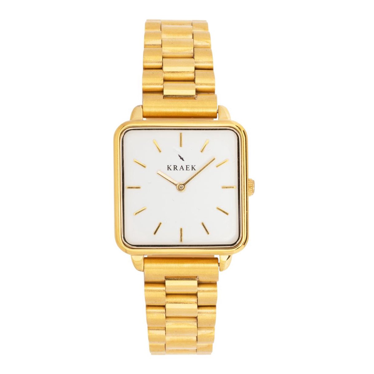 KRAEK Emy Goud Met Witte Wijzerplaat 28 mm | Dames Horloge | Goud stalen horlogebandje | Vierkant | Minimaal Design | Schakelband