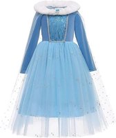 Elsa jurk Deluxe met bontkraag + kroon maat 104-110 (110) Prinsessen jurk verkleedkleding kinderen