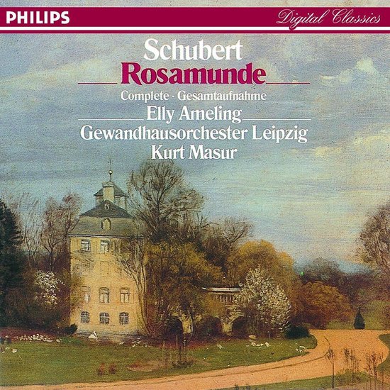 Hoes van Schubert's Rosamunde, met een schilderij van een landhuis omringd door bomen.
