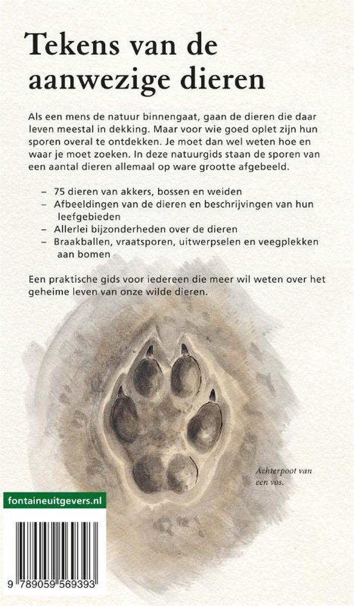 Boekomslag met een voetafdruk van een vos in de sneeuw. Tekst: 'Tekens van de aanwezige dieren'.