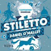 Boekomslag van 'Stiletto' met blauwe illustraties, inclusief 'Captivating Guardian' en 'Daniel O'Malley'.