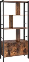 Boekenkast met 4 open Delen, Kast met stevig stalen frame, industrieel ontwerp, vintage bruin-zwart