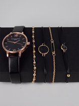 Horloge + armbanden set marmer - zwart / rosé goud + extra batterij + doosje