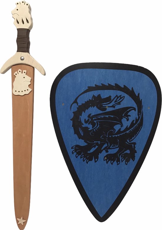 houtenzwaard met schede Leeuw en ridderschild blauw met draak kinderzwaard schild houten ridder zwaard