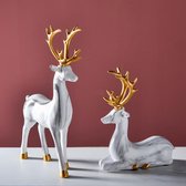 BaykaDecor - Luxe Set Van 2 Rendieren Ornamenten - Woondecoratie - Kerstdecoratie - Herten Beeld - Marmeren Wit met Goud - 18 cm
