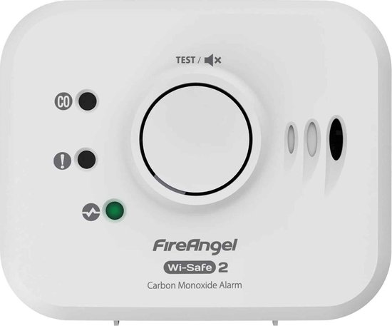 Witte FireAngel Wi-Safe 2 koolmonoxidemelder met testknop en indicatielampjes.