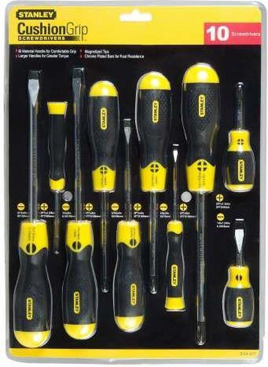 Stanley Cushion Grip schroevendraaiers, 10 stuks, zwart en geel.