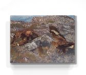 Peinture sur bois - Aigles royaux se disputant un lièvre - Bruno Liljefors - 26 x 19,5 cm - Tirage à la laque - Chef-d'œuvre verni à la main à exposer ou à accrocher