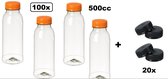 100x Flesje PET helder 500cc met oranje dop + 20 zwarte doppen- drink fles vruchten sap limonade drank