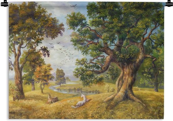 Tenture murale Contes d'enfants - Peinture à l'huile d'une licorne au bord d'une rivière Tenture murale coton 120x90 cm - Tapisserie murale avec photo