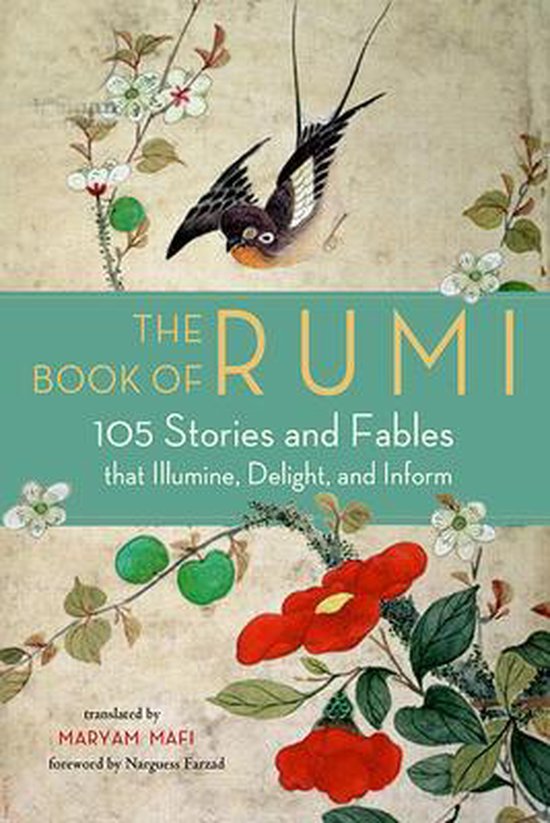 Le livre 'The Book of Rumi' avec 105 histoires et fables, traduit par Maryam Mafi, illustré d'un oiseau et de fleurs.