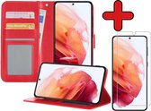 Hoesje Geschikt voor Samsung S21 Hoesje Book Case Hoes Portemonnee Cover Walletcase Met Screenprotector - Hoes Geschikt voor Samsung Galaxy S21 Hoes Bookcase Hoesje - Rood