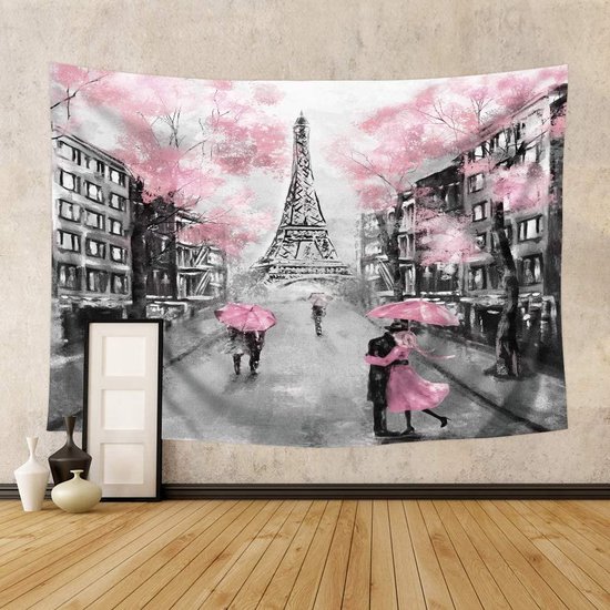 Ulticool - Paris Tour Eiffel Zwart Wit Rose Vintage Blossom - Tapisserie - 200x150 cm - Groot tapisserie - Affiche