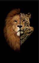 Portret poster van luipaard en leeuw kop – 50 x 70 cm – Wanddecoratie op Canvas – Wilde Dieren – King Lion – Mystic Leopard