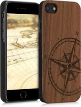 kwmobile telefoonhoesje compatibel met Apple iPhone SE (2022) / SE (2020) / 8 / 7 - Hoesje met bumper in donkerbruin - walnoothout - Vintage Kompas design