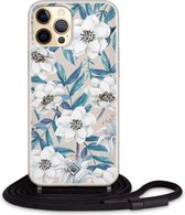 iPhone 12 hoesje met koord - Bloemen / Floral blauw | Apple iPhone 12 crossbody case | Zwart, Transparant | Bloemen