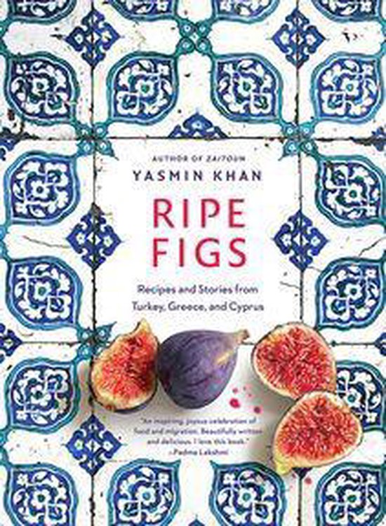 Boekomslag "RIPE FIGS" met recepten uit Turkije, Griekenland en Cyprus, met vruchten en Delftsblauwe tegels.