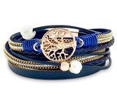 Armband Dames Rosegoud- Leren Wikkelarmband Galeara design Rosekleurig Blauw Dames Levensboom 18,5cm - Galeara design