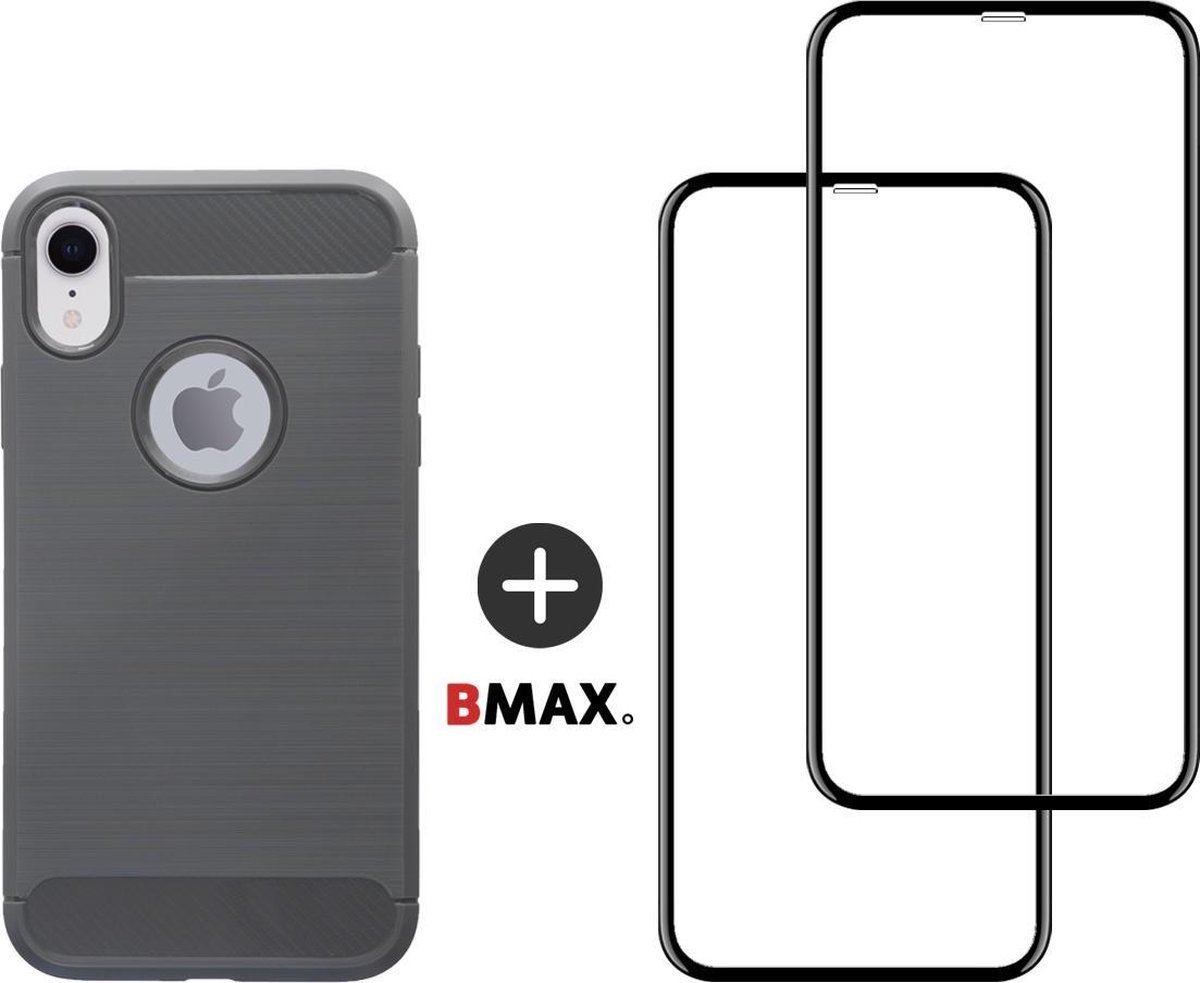 BMAX Telefoonhoesje geschikt voor iPhone 11 Pro - Carbon softcase hoesje grijs - Met 2 screenprotectors full cover