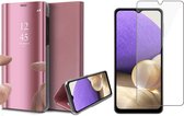 Hoesje geschikt voor Samsung A32 en Screenprotector Spiegel Book Case Cover Hoes Rosegoud + Screen Protector Glas