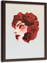 Foto in frame , Vrouw met rozen als haar ,70x100cm , rood zwart  , wanddecoratie