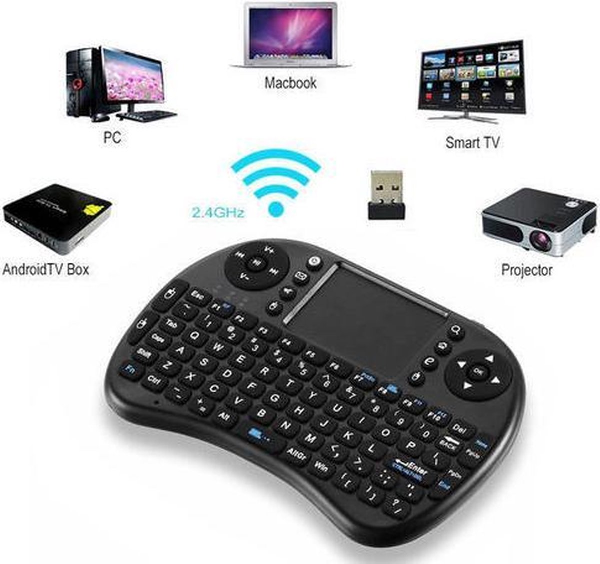 Draadloos Mini Toetsenbord | Draadloze Mini Keyboard voor TV Box Smart TV Spelcomputer| LED Backlight | USB Plug & Play | Zwart
