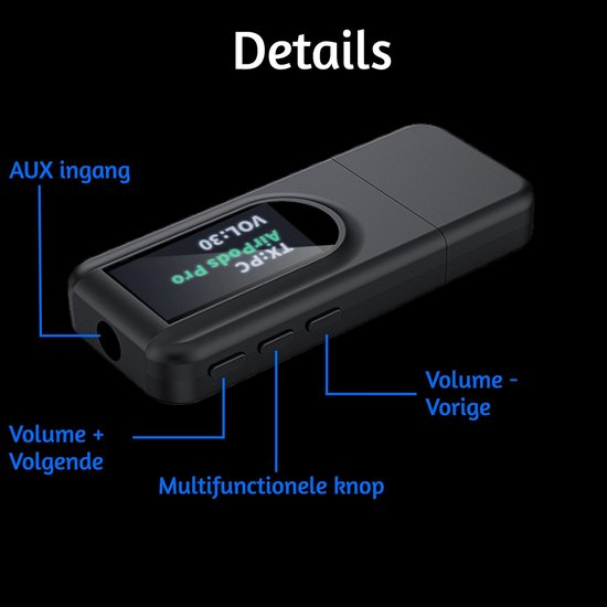 BQ2 Bluetooth V5.0 Audio Adapter USB Transmitter & Receiver – AUX Usb - 2 in 1 Bluetooth Ontvanger Zender – voor Laptop TV Auto Versterker - Blue2Connect