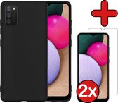 Samsung A02s Hoesje Zwart Siliconen Case Met 2x Screenprotector - Samsung Galaxy A02s Hoes Silicone Cover Met 2x Screenprotector - Zwart