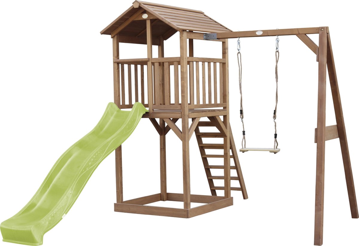 AXI Beach Tower Speeltoestel in Bruin - Speeltoren met Enkele Schommel, Limoen Groene Glijbaan en Zandbak - FSC hout - Speelhuis op palen voor de tuin
