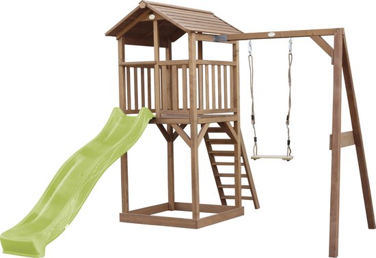 AXI Beach Tower Speeltoestel in Bruin - Speeltoren met Enkele Schommel, Limoen Groene Glijbaan en Zandbak - FSC hout - Speelhuis op palen voor de tuin