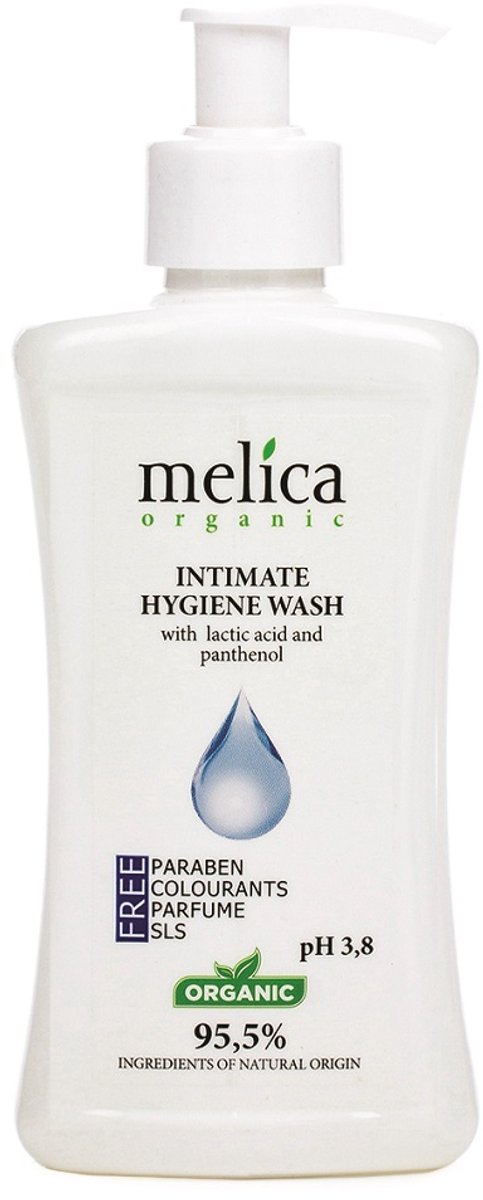 MELICA ORGANIC Biologisch 95,5% Natuurlijke INTIEME HYGIENE ACTIEVE WASEMULSIE met LACTIC ACYD - MELKZUUR en PANTHENOL zonder parabenen, kleur- en geurstoffen, smaakstoffen, alkali, zeep, SLS, SLES met pompje 300ml