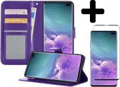 Hoesje Geschikt voor Samsung S10 Hoesje Book Case Hoes Wallet Cover Met Screenprotector - Hoes Geschikt voor Samsung Galaxy S10 Hoesje Bookcase Hoes - Paars