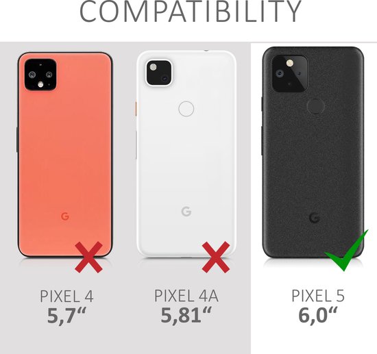 Vergelijking van telefoonhoesjes: oranje voor Pixel 4, wit voor Pixel 4a, zwart voor Pixel 5. Pixel 5 past.