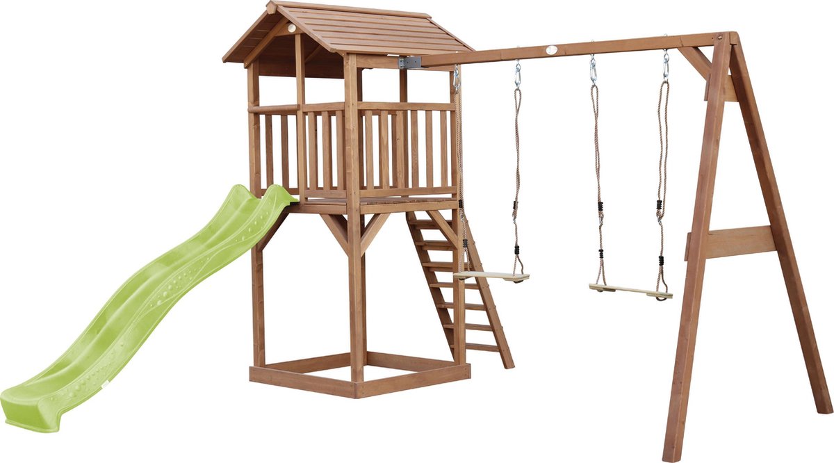 AXI Beach Tower Speeltoestel in Bruin - Speeltoren met Dubbele Schommel, Limoen Groene Glijbaan en Zandbak - FSC hout - Speelhuis op palen voor de tuin — afbeelding 2