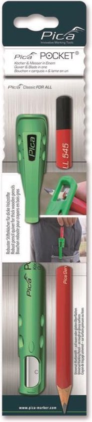 Pica Pocket verpakking met groene houder, rode stift en rood potlood.