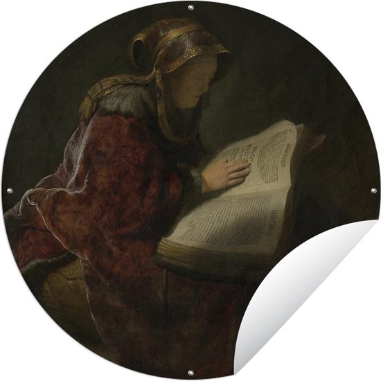 Tuincirkel Oude lezende vrouw profetes Hanna - Rembrandt van Rijn - 60x60 cm - Ronde Tuinposter - Buiten